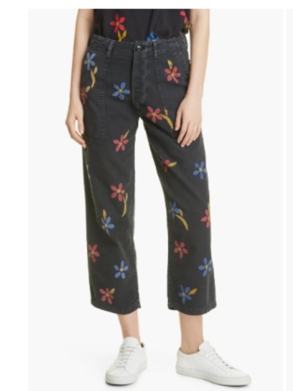 The Great. The Vintage Army Pant stamped Flower Print Cropped Black Washed Sz 29